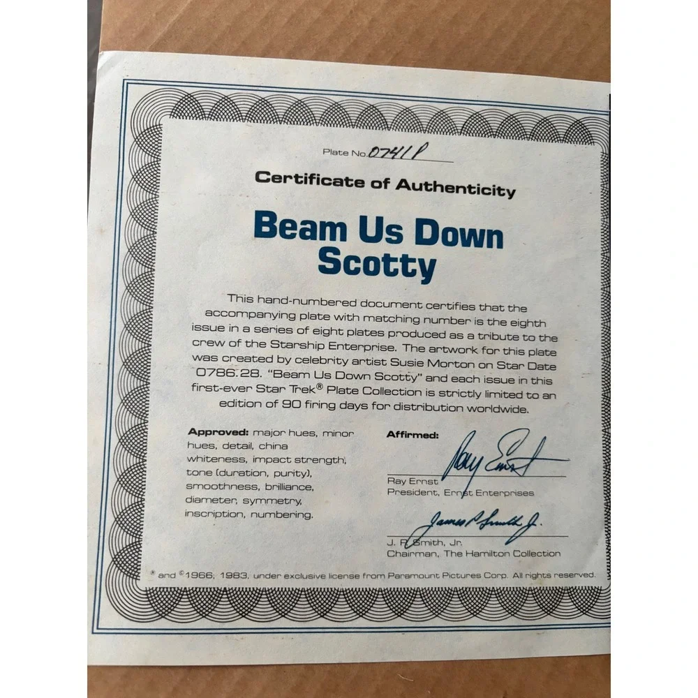 Star Trek Beam Us Down‎ Scotty Collector Plate Susie Morton Hamilton 1983 COA
